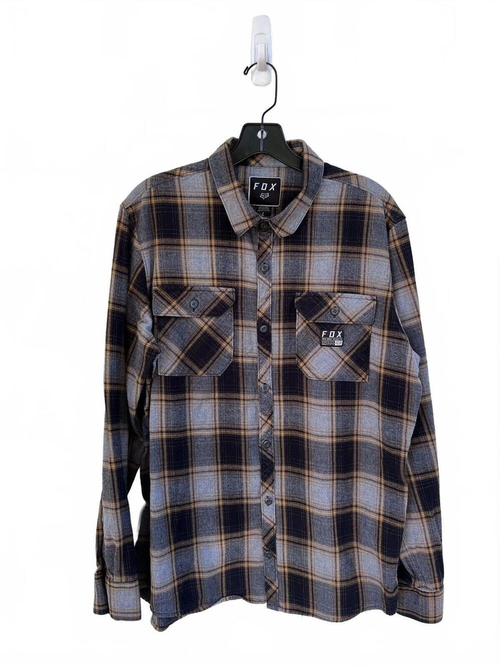 Fox Plaid Flannel Button-Up Shirt Gray Brown Black Long Sleeve Men's Large